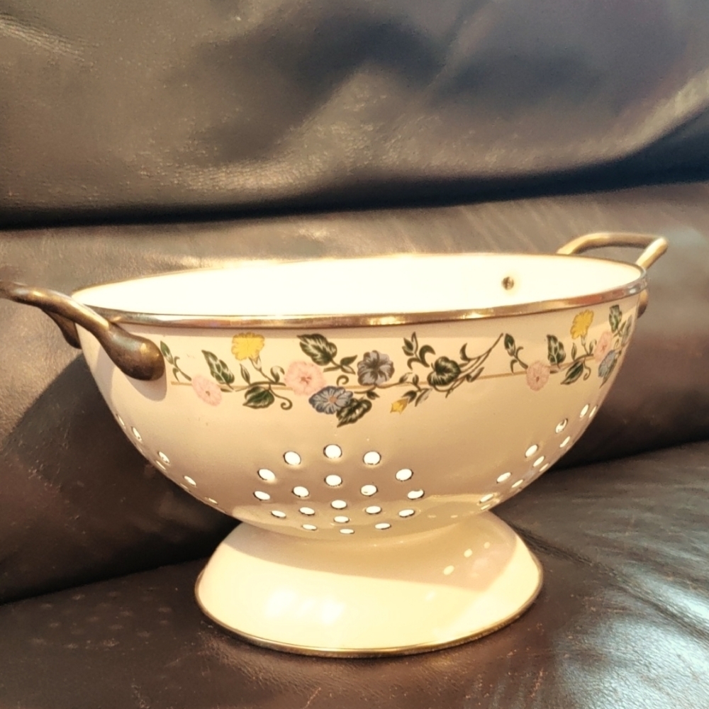 Floral Enamel Colander with Handles Vintage